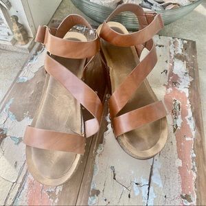 Womens wedge platforms straps made of Velcro. Wedges look like cork. Good lookin